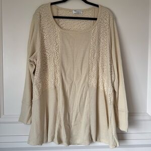 Symmetry womens Scoop Neck Waffle Knit Top size 3X Beige Lace Accent Long Sleeve